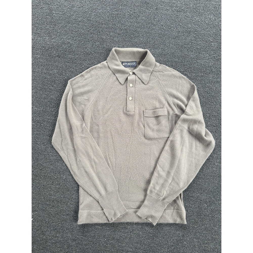 Vintage Puritan Long Sleeve Polo Shirt‎ Size S Taupe Knit Made in USA 70s 80s
